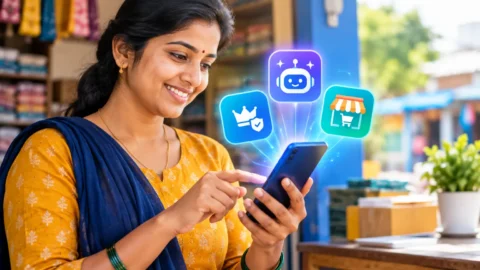 స్మార్ట్‌ఫోన్లు మరియు Facebook చిహ్నంతో AI మరియు మార్కెట్‌ప్లేస్ సంకేతాలు కలిసిన దృశ్యం
